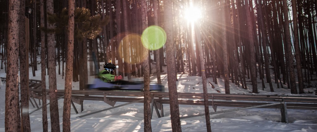 Riding the Alpine Gold Runner Coaster on Peak 8 before skiing home