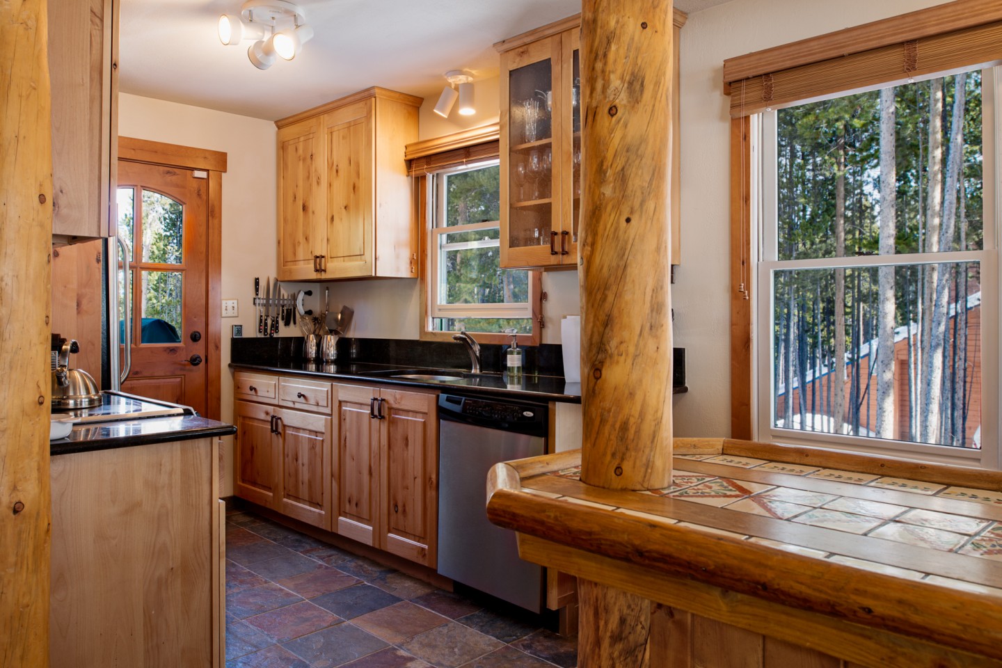 The cabin kitchen viewed from the bar area 