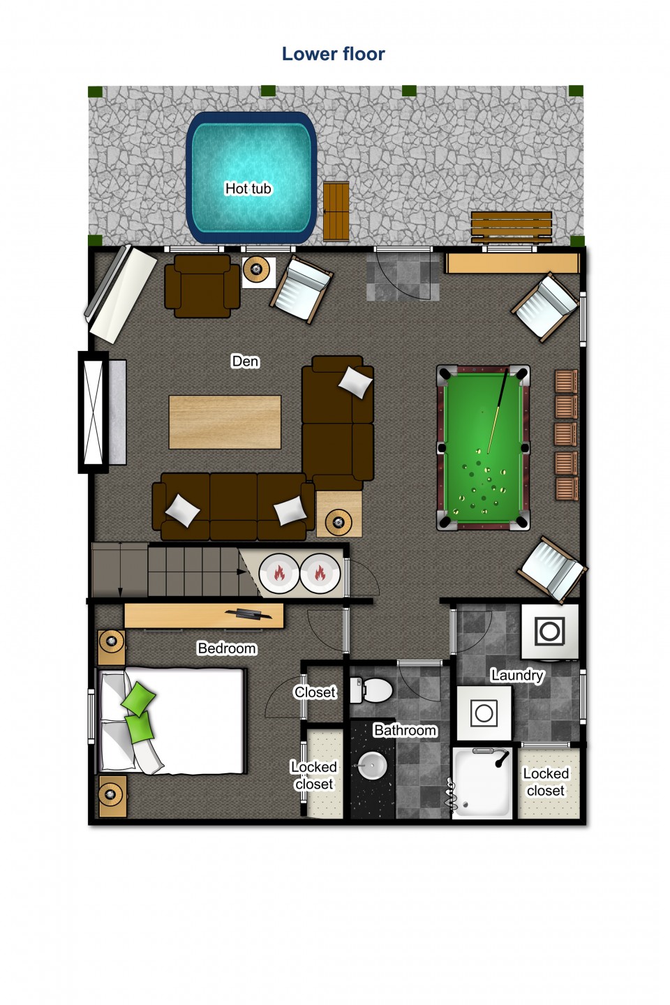 Lower floor — den, bedroom, bathroom, laundry and hot tub outside