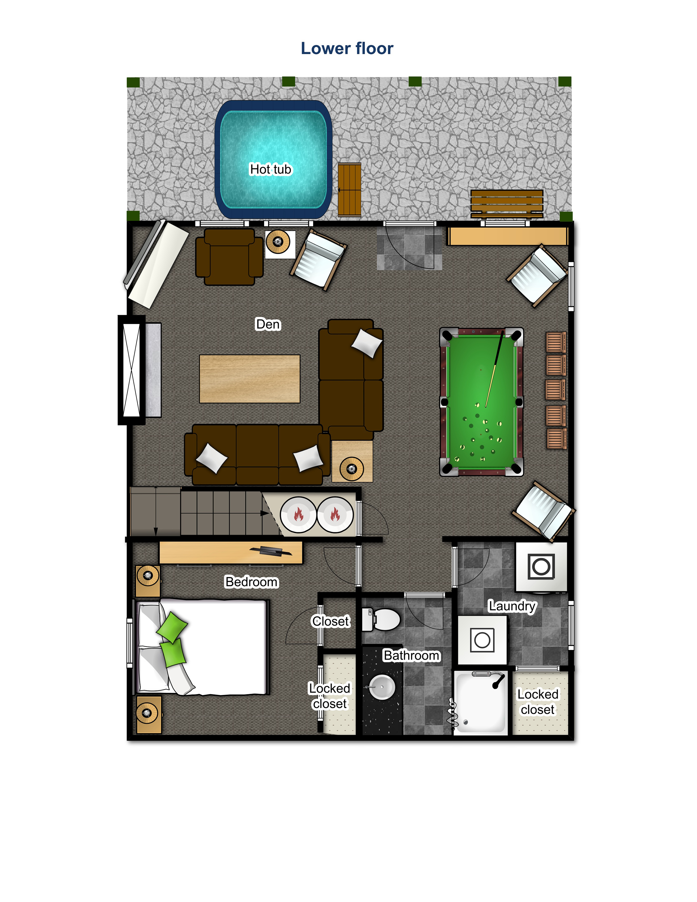 Lower floor — den, bedroom, bathroom, laundry and hot tub outside
