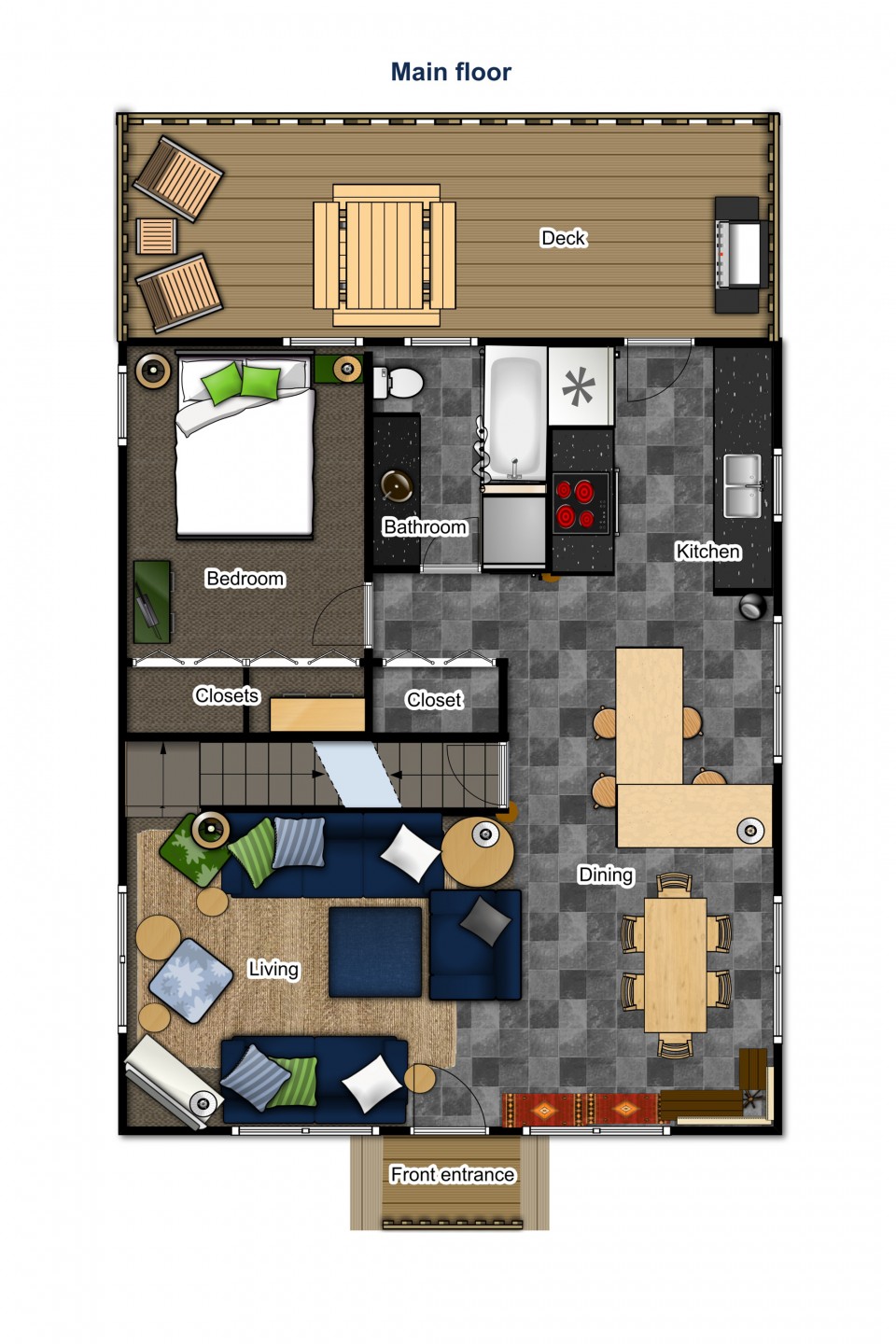 Main floor — front entry, living room, dining, kitchen, bedroom, bathroom and deck