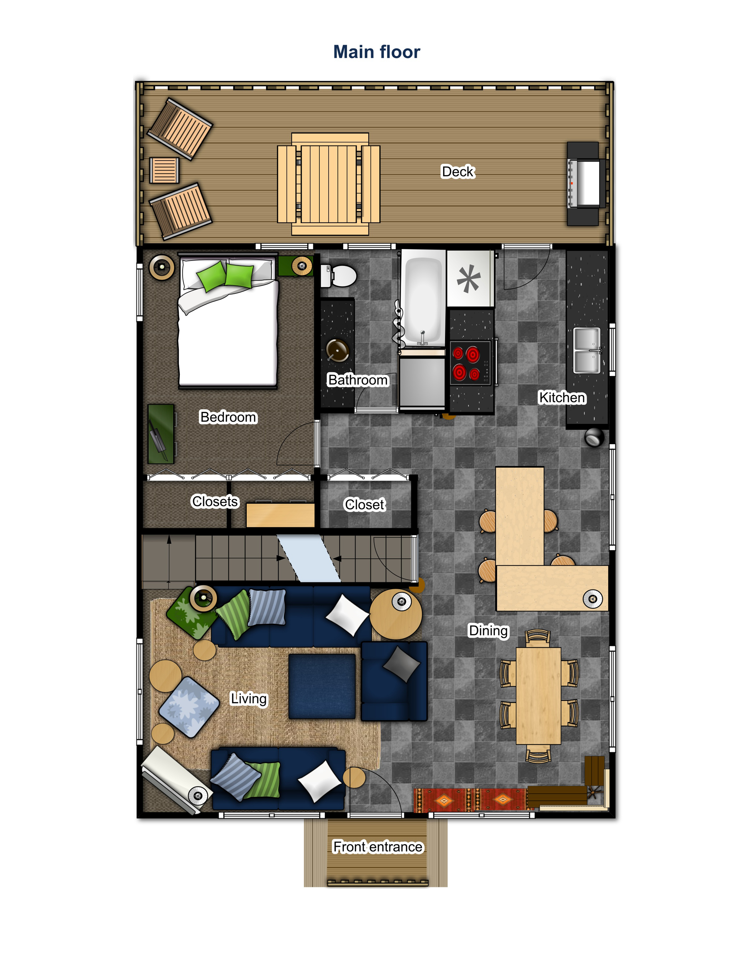 Main floor — front entry, living room, dining, kitchen, bedroom, bathroom and deck