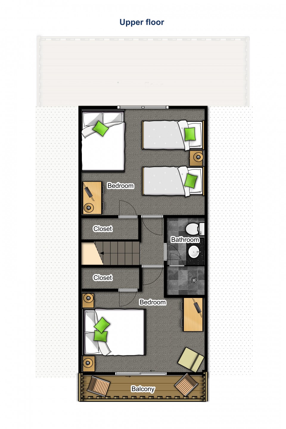 Upper floor — two bedrooms and a bathroom