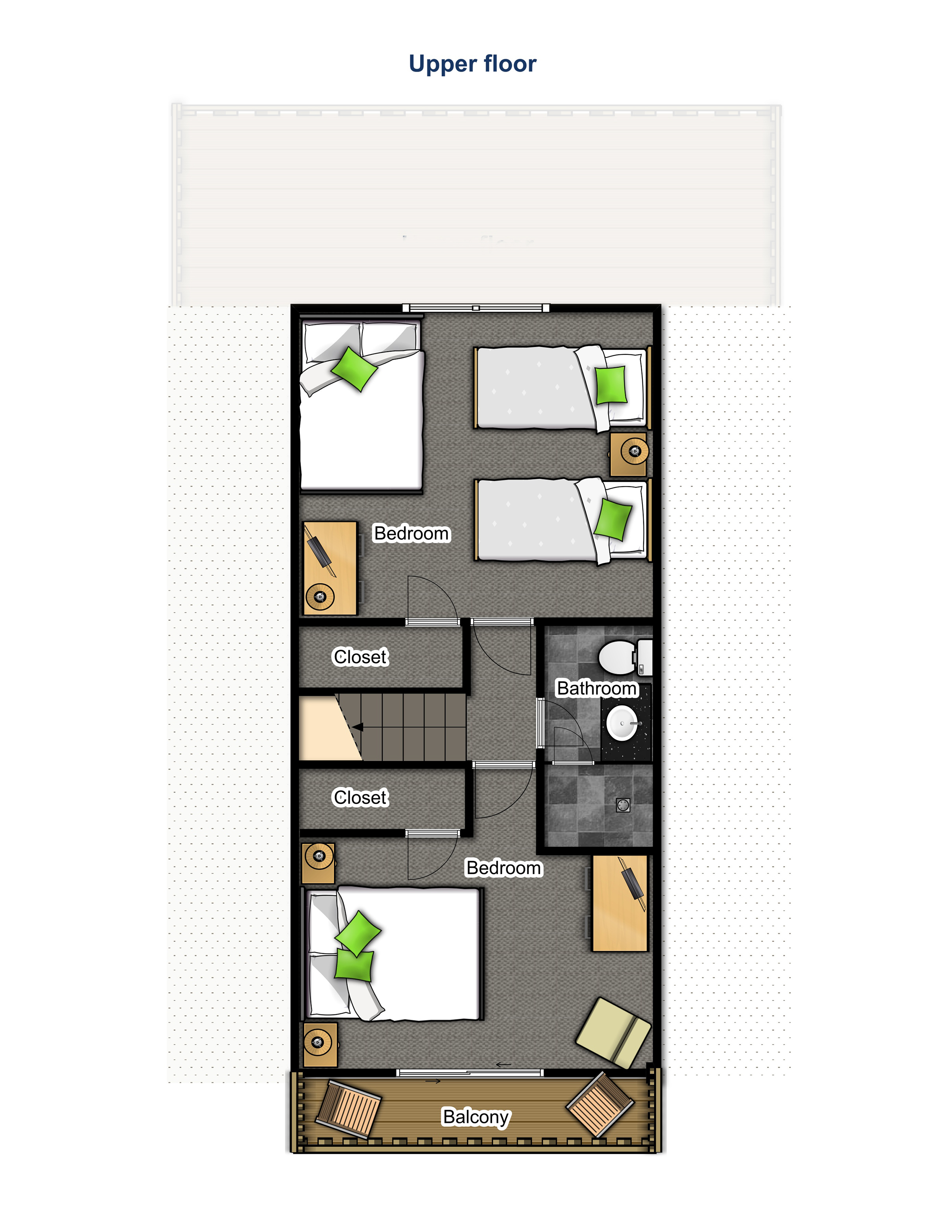 Upper floor — two bedrooms and a bathroom